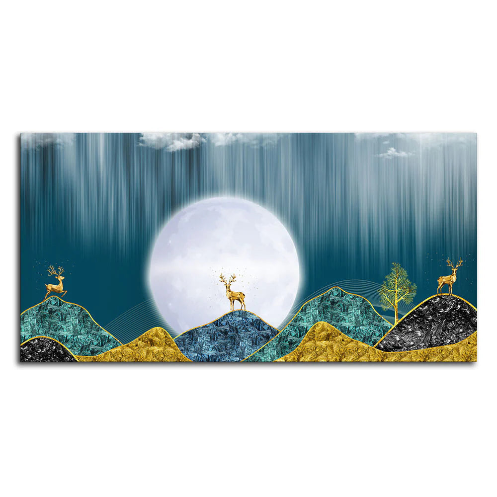 Beautiful Golden Mountains and Deer with Moon Premium Canvas Wall Painting DECORMANTRA