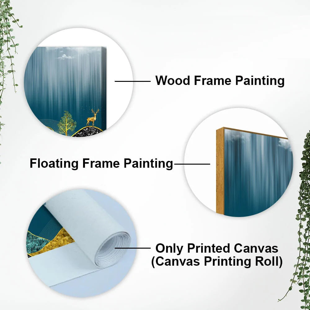 Beautiful Golden Mountains and Deer with Moon Premium Canvas Wall Painting DECORMANTRA