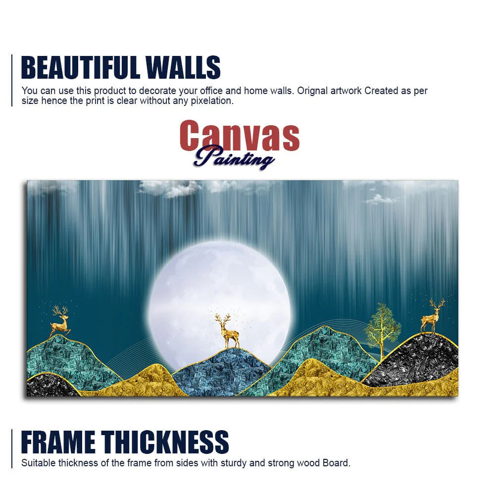 Beautiful Golden Mountains and Deer with Moon Premium Canvas Wall Painting DECORMANTRA