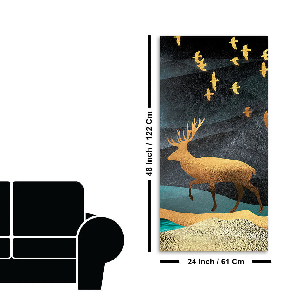 Beautiful Golden Walking Deer Premium Canvas Wall Painting DECORMANTRA