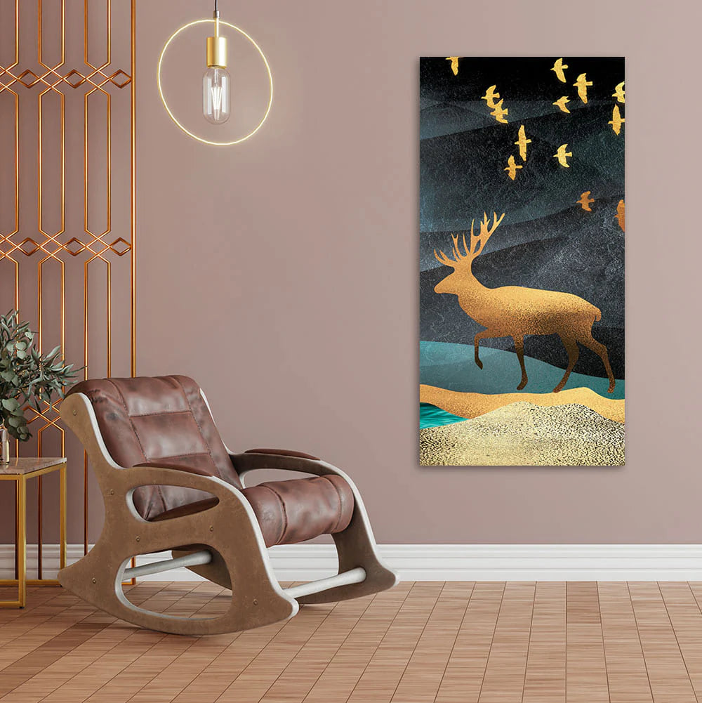 Beautiful Golden Walking Deer Premium Canvas Wall Painting DECORMANTRA