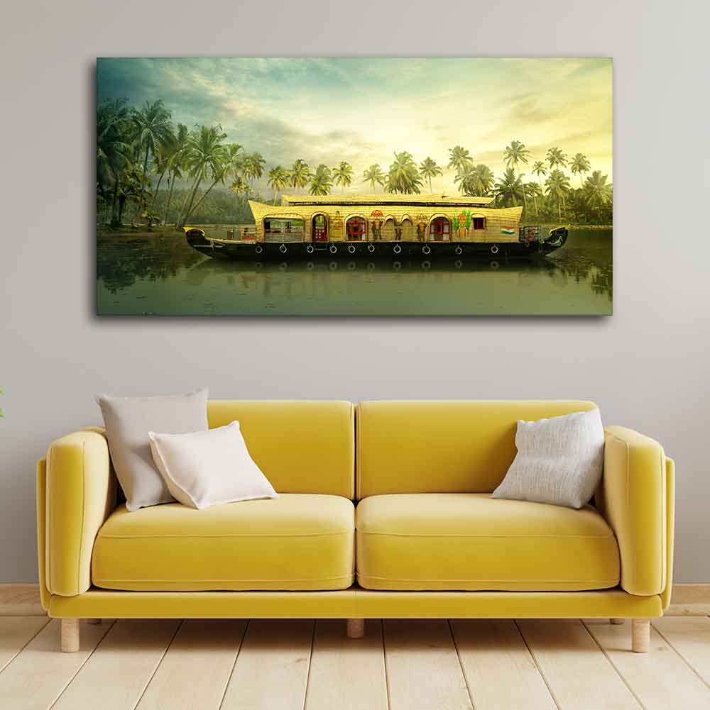 Beautiful House Boat in Kerala Premium Wall Painting DECORMANTRA
