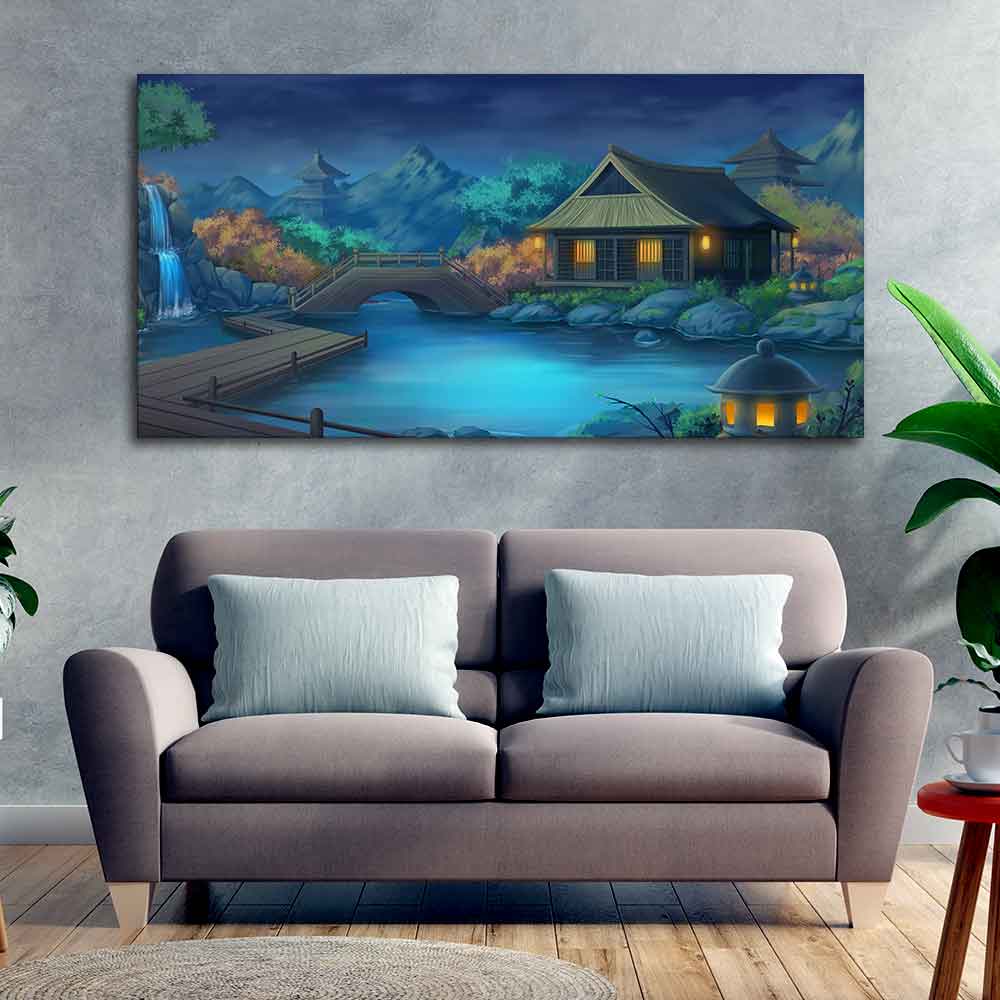 Beautiful Japanese Courtyard at Night Canvas Wall Painting DECORMANTRA