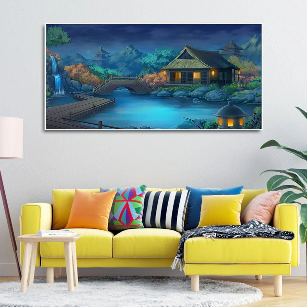 Beautiful Japanese Courtyard at Night Canvas Wall Painting DECORMANTRA
