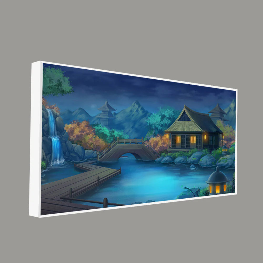 Beautiful Japanese Courtyard at Night Canvas Wall Painting DECORMANTRA