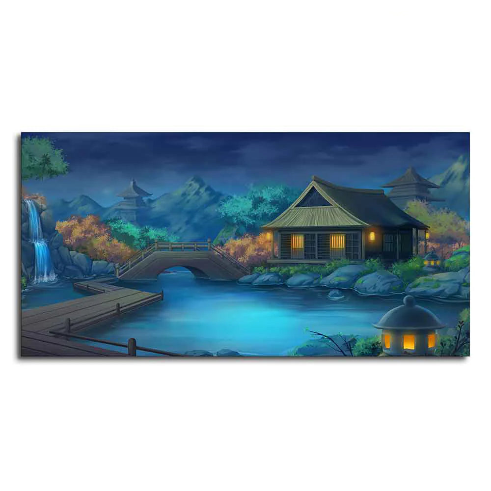 Beautiful Japanese Courtyard at Night Canvas Wall Painting DECORMANTRA