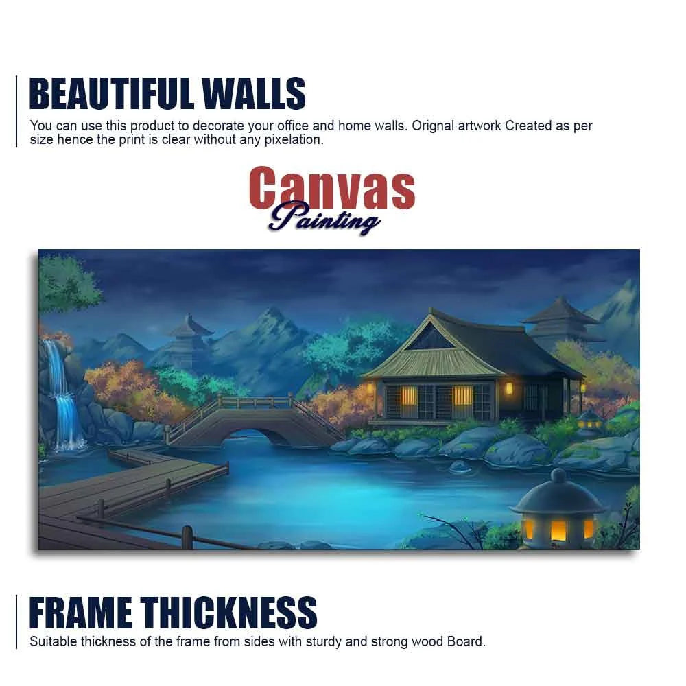 Beautiful Japanese Courtyard at Night Canvas Wall Painting DECORMANTRA