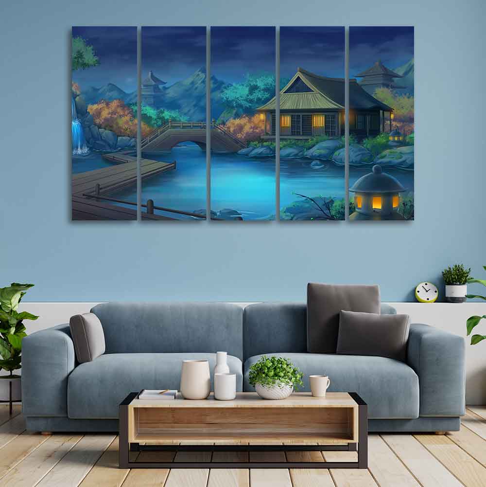 Beautiful Japanese Courtyard at Night Canvas Wall Painting of Five Pieces DECORMANTRA