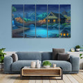 Beautiful Japanese Courtyard at Night Canvas Wall Painting of Five Pieces DECORMANTRA