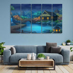 Beautiful Japanese Courtyard at Night Canvas Wall Painting of Five Pieces DECORMANTRA