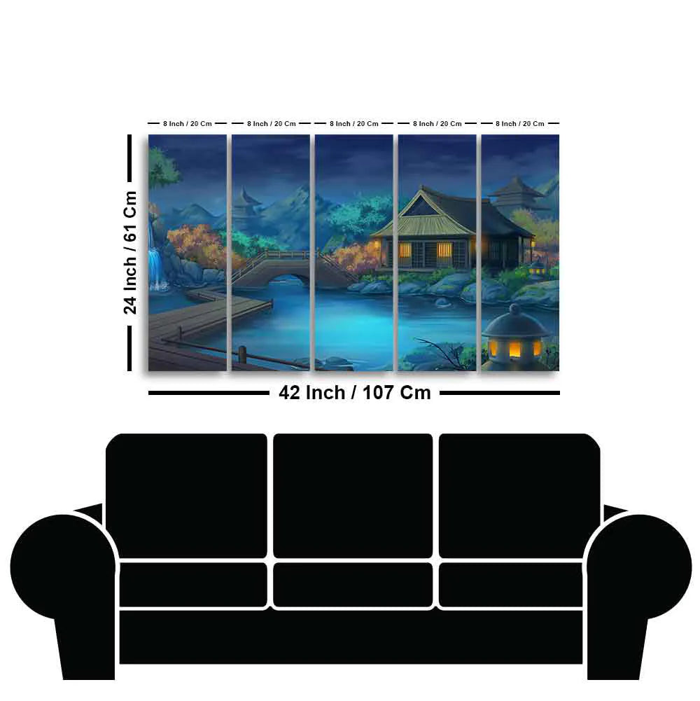 Beautiful Japanese Courtyard at Night Canvas Wall Painting of Five Pieces DECORMANTRA
