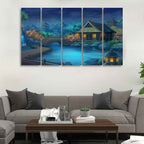 Beautiful Japanese Courtyard at Night Canvas Wall Painting of Five Pieces DECORMANTRA