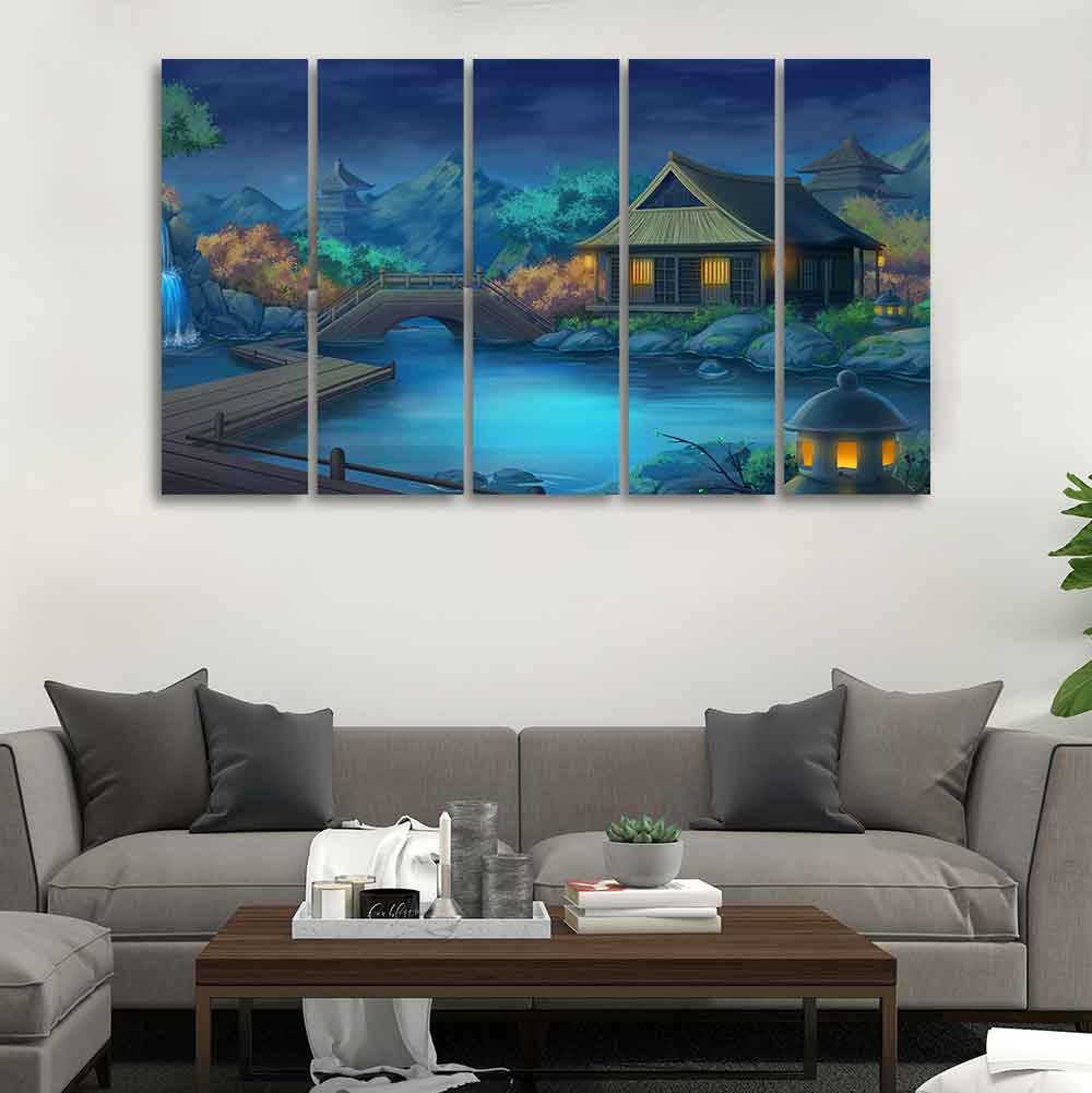 Beautiful Japanese Courtyard at Night Canvas Wall Painting of Five Pieces DECORMANTRA