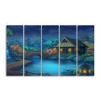 Beautiful Japanese Courtyard at Night Canvas Wall Painting of Five Pieces DECORMANTRA