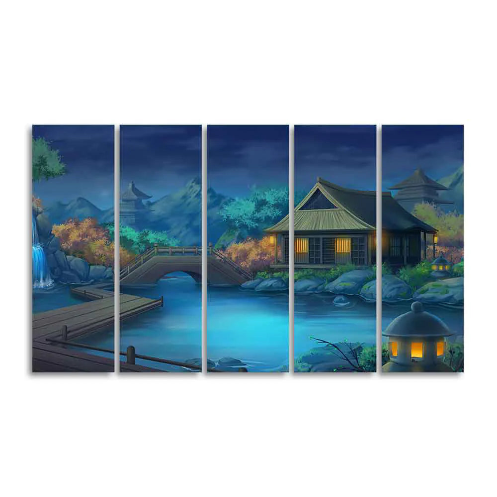 Beautiful Japanese Courtyard at Night Canvas Wall Painting of Five Pieces DECORMANTRA