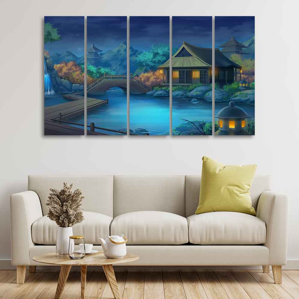 Beautiful Japanese Courtyard at Night Canvas Wall Painting of Five Pieces DECORMANTRA