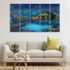 Beautiful Japanese Courtyard at Night Canvas Wall Painting of Five Pieces DECORMANTRA