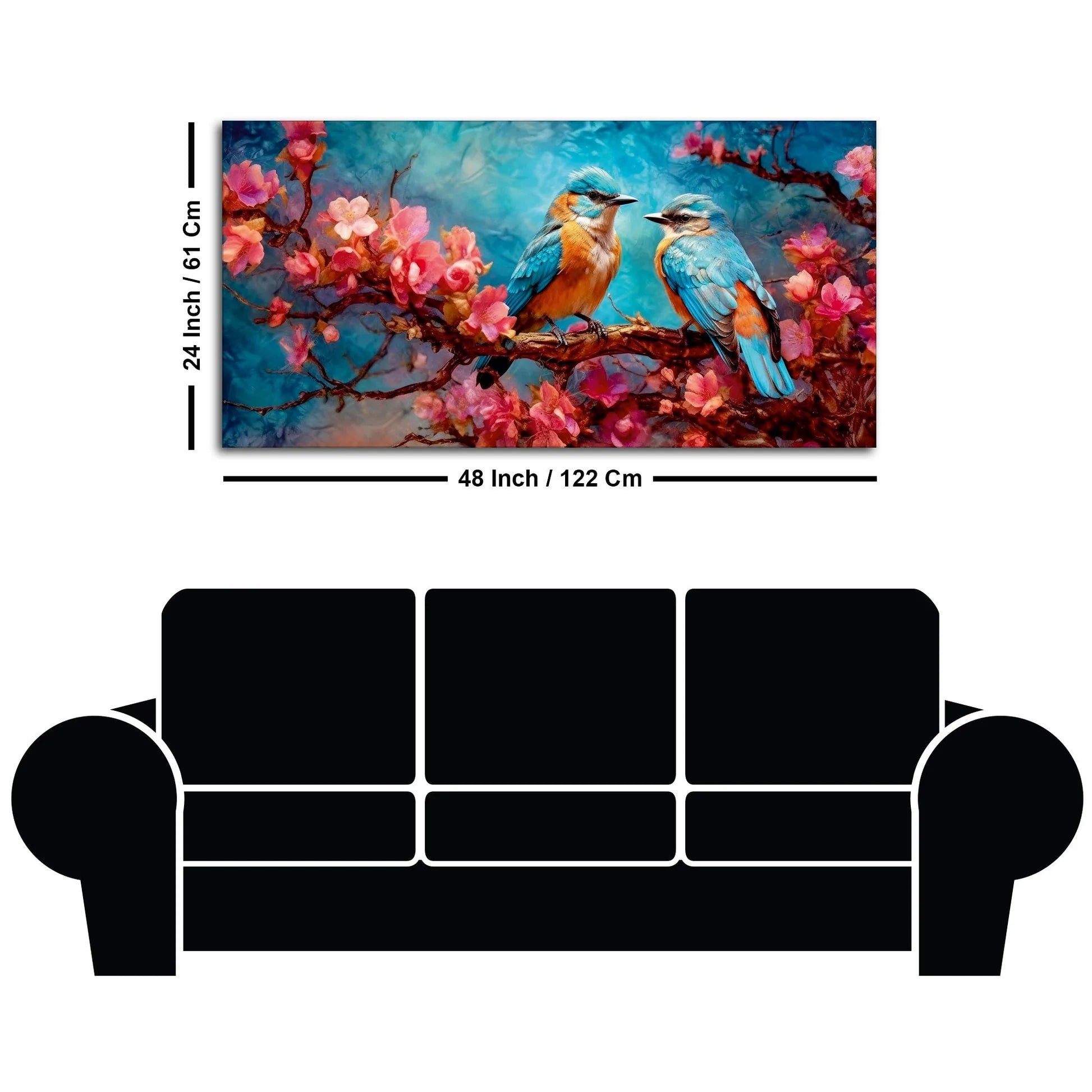 Beautiful Love Birds on a Branch with Pink Flowers Canvas Wall Painting DECORMANTRA