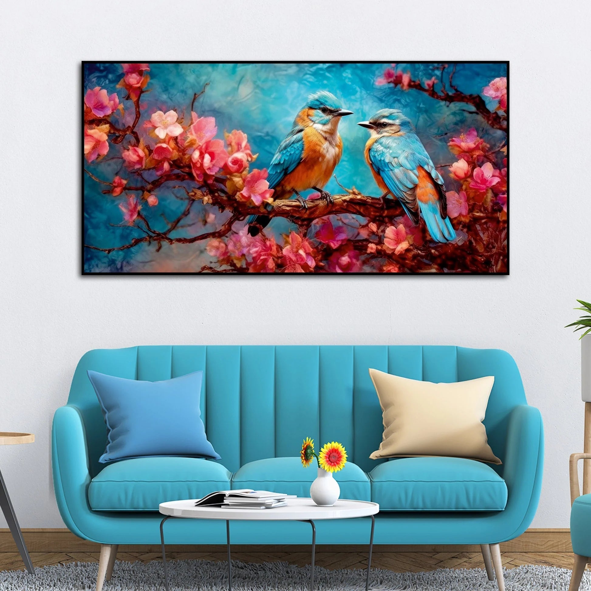 Beautiful Love Birds on a Branch with Pink Flowers Canvas Wall Painting DECORMANTRA