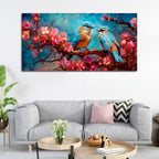 Beautiful Love Birds on a Branch with Pink Flowers Canvas Wall Painting DECORMANTRA