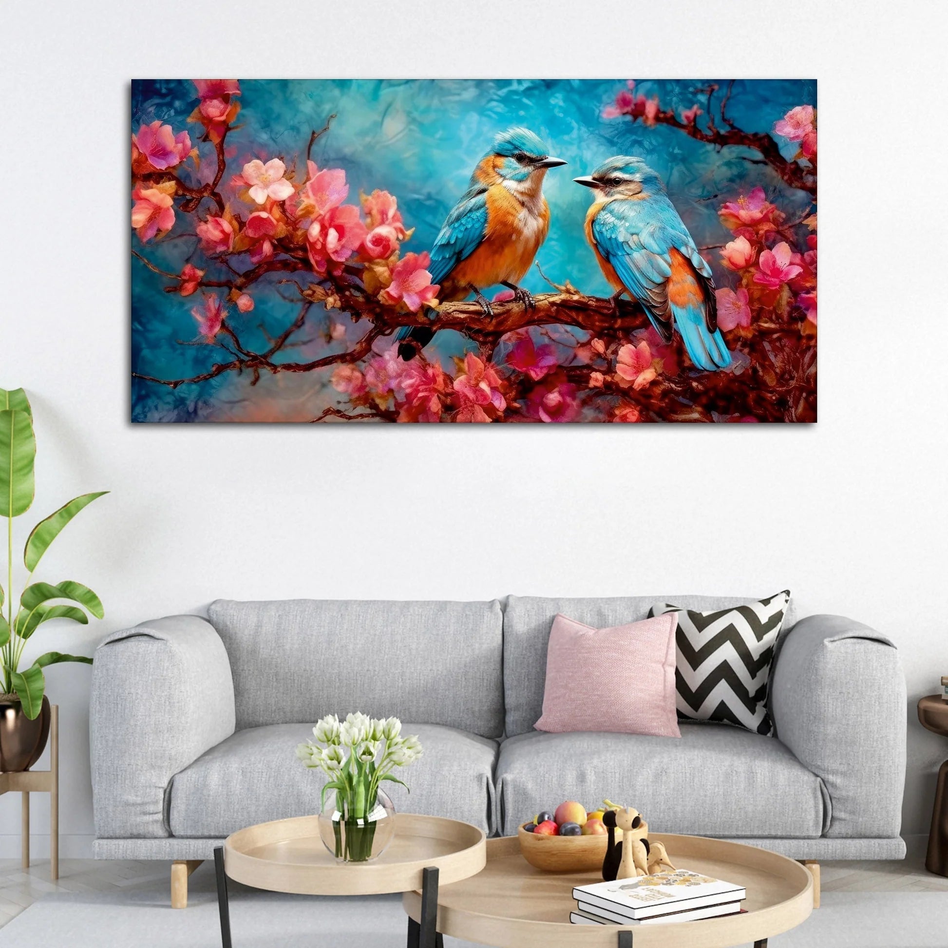 Beautiful Love Birds on a Branch with Pink Flowers Canvas Wall Painting DECORMANTRA