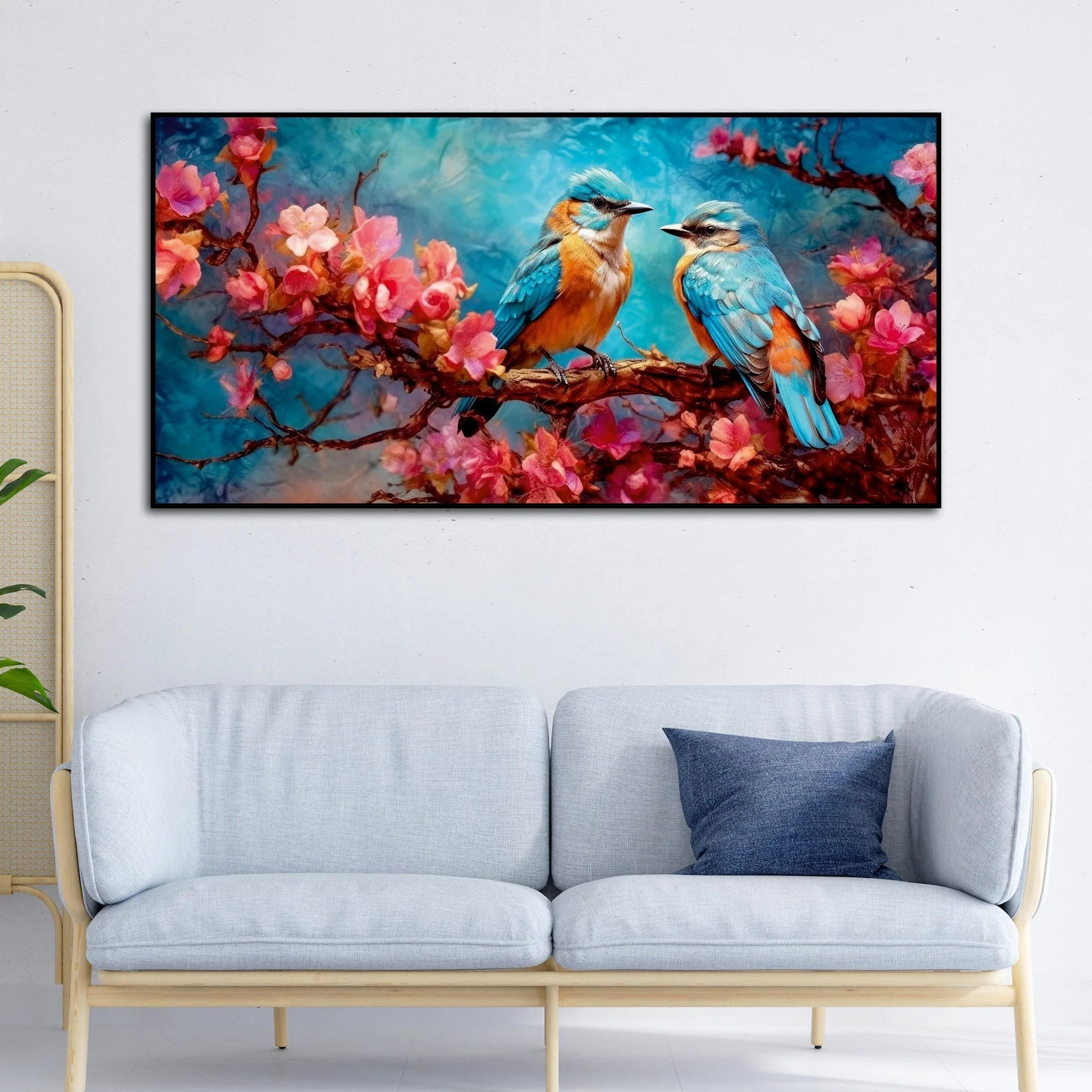 Beautiful Love Birds on a Branch with Pink Flowers Canvas Wall Painting DECORMANTRA
