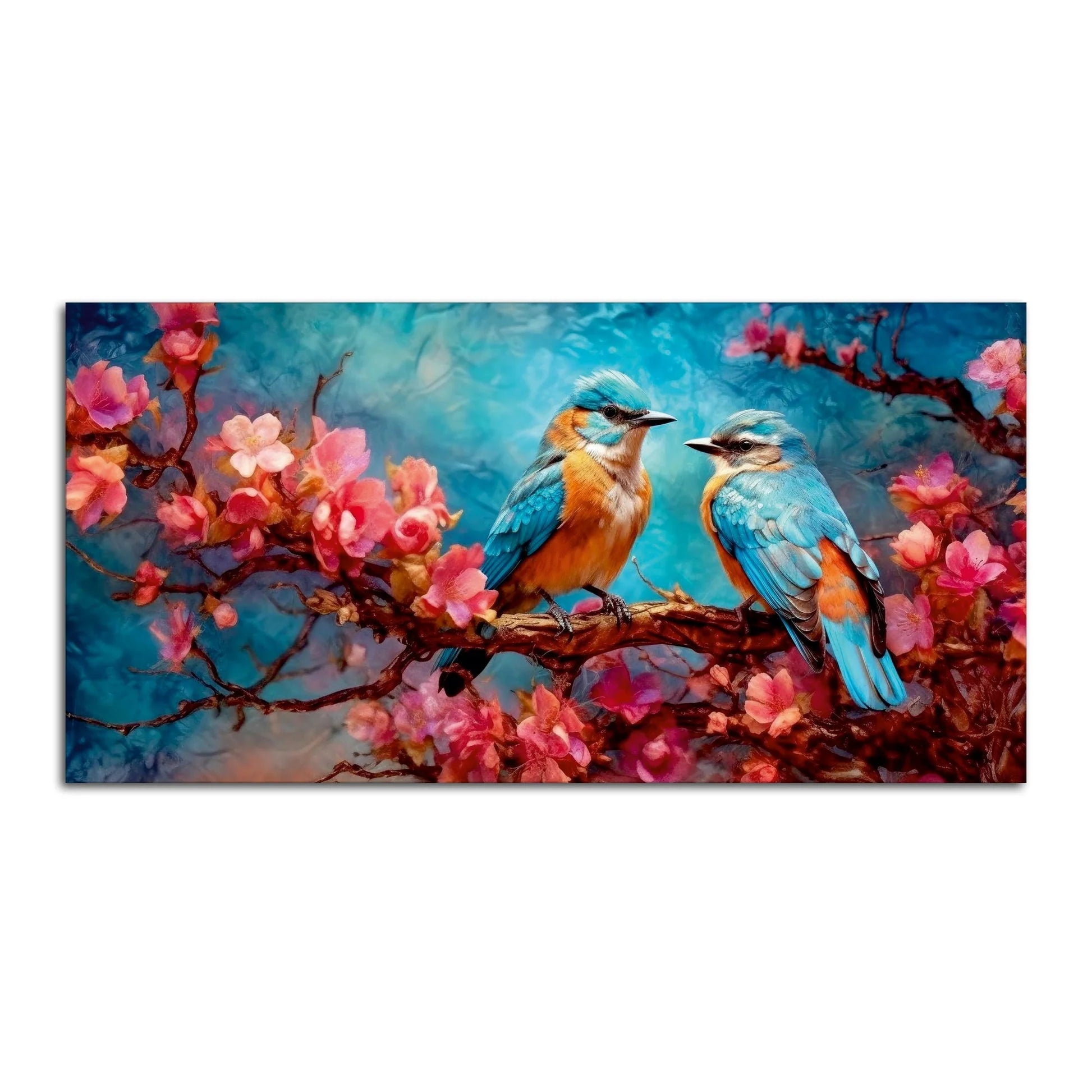 Beautiful Love Birds on a Branch with Pink Flowers Canvas Wall Painting DECORMANTRA