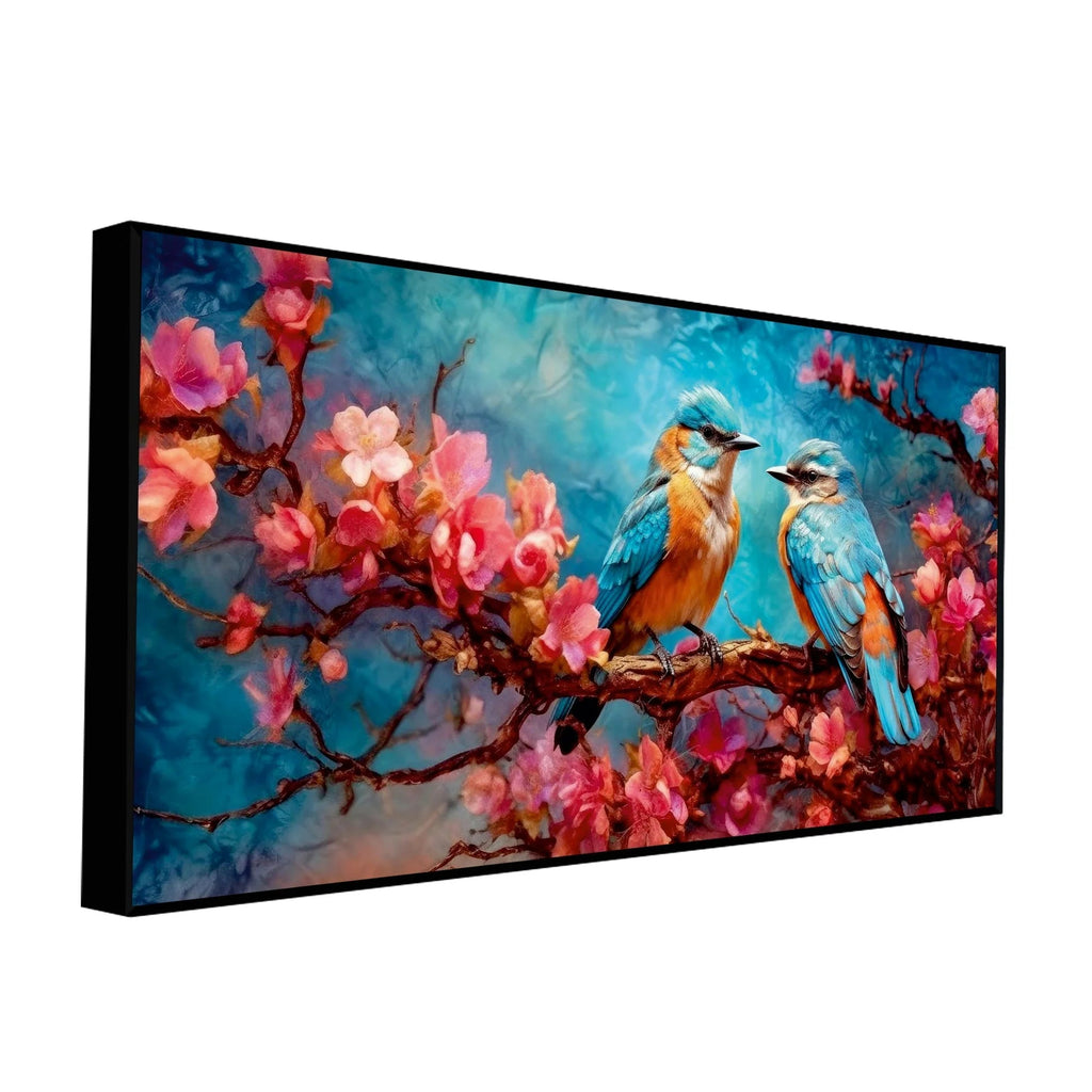 Beautiful Love Birds on a Branch with Pink Flowers Canvas Wall Painting DECORMANTRA