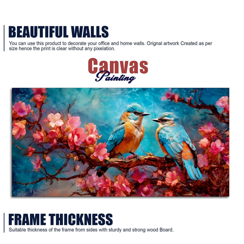Beautiful Love Birds on a Branch with Pink Flowers Canvas Wall Painting DECORMANTRA