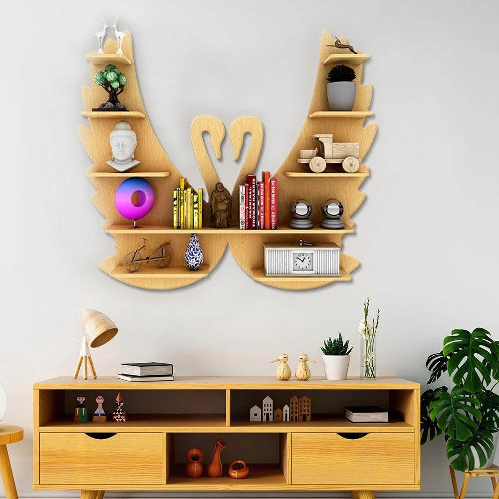 Beautiful Loving Swan Backlit Designer Wooden Wall Shelf / Book Shelf / Night Light, Light Oak Finish - Decor Mantra 