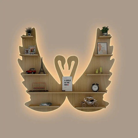 Beautiful Loving Swan Backlit Designer Wooden Wall Shelf / Book Shelf / Night Light, Light Oak Finish - Decor Mantra 