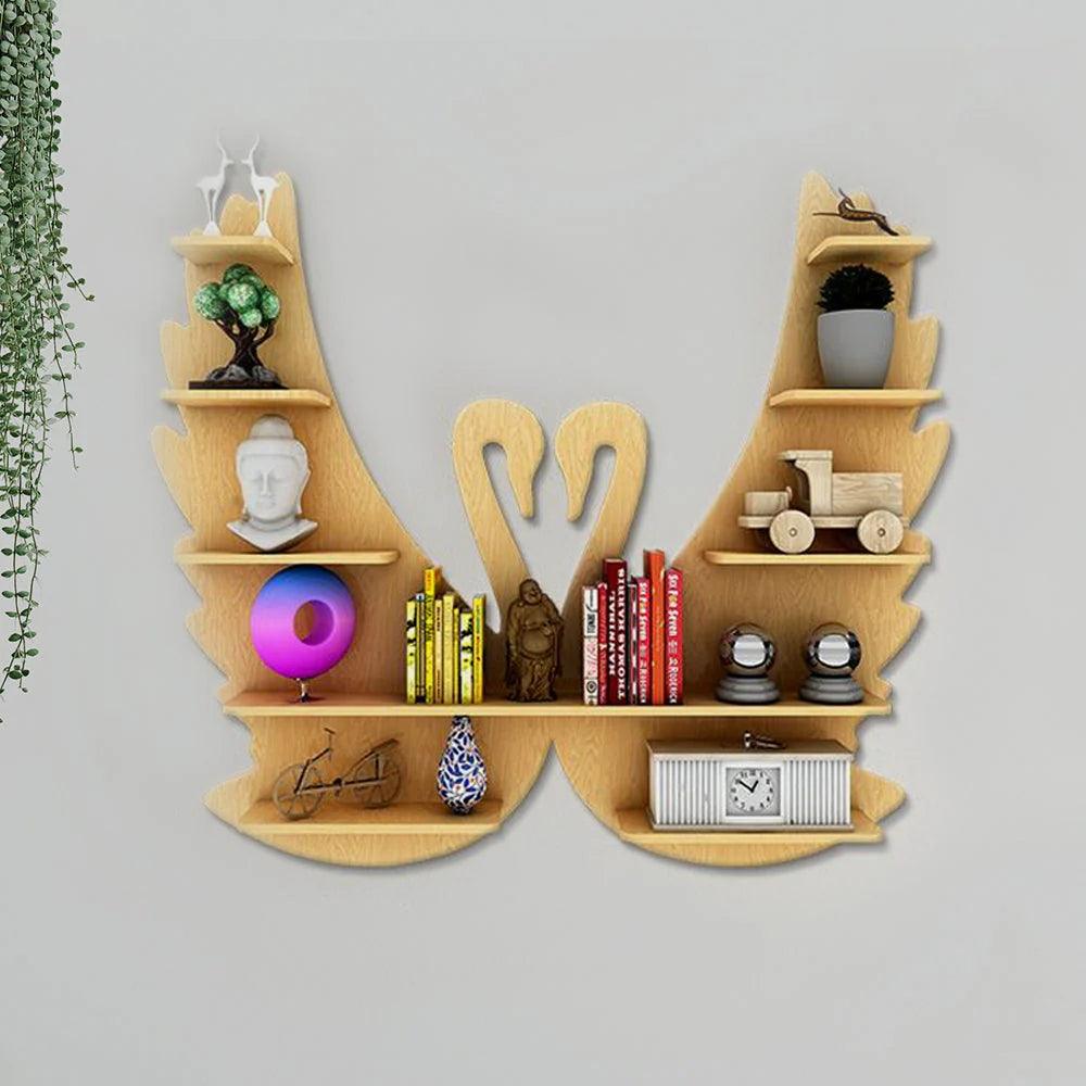Beautiful Loving Swan Backlit Designer Wooden Wall Shelf / Book Shelf / Night Light, Light Oak Finish - Decor Mantra 