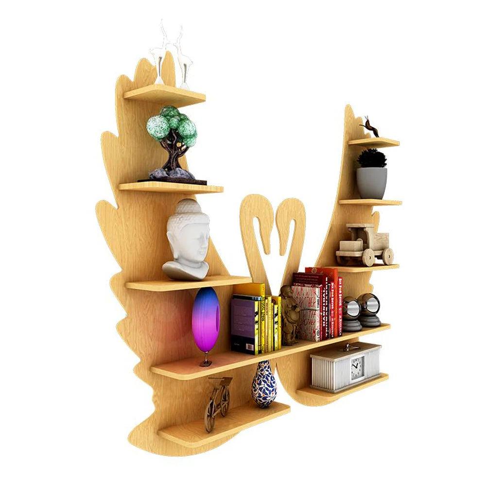 Beautiful Loving Swan Backlit Designer Wooden Wall Shelf / Book Shelf / Night Light, Light Oak Finish - Decor Mantra 