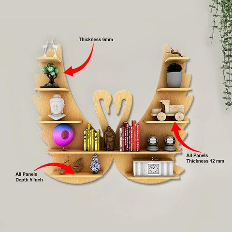 Beautiful Loving Swan Backlit Designer Wooden Wall Shelf / Book Shelf / Night Light, Light Oak Finish - Decor Mantra 