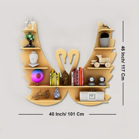 Beautiful Loving Swan Backlit Designer Wooden Wall Shelf / Book Shelf / Night Light, Light Oak Finish - Decor Mantra 