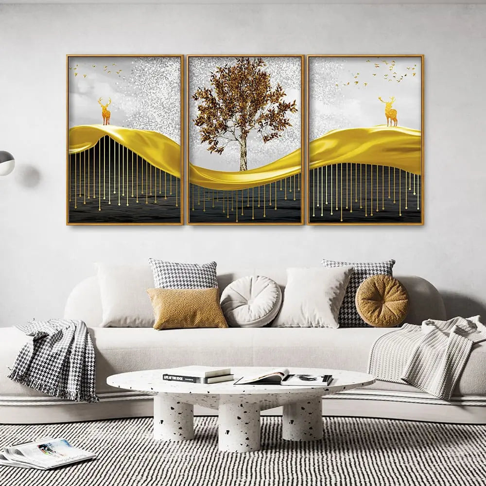 Beautiful Luxury Modern Art of Trees and Deer Floating Canvas Wall Painting Set of Three DECORMANTRA