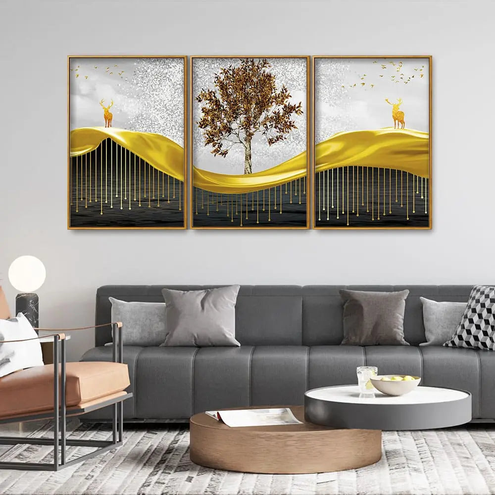 Beautiful Luxury Modern Art of Trees and Deer Floating Canvas Wall Painting Set of Three DECORMANTRA