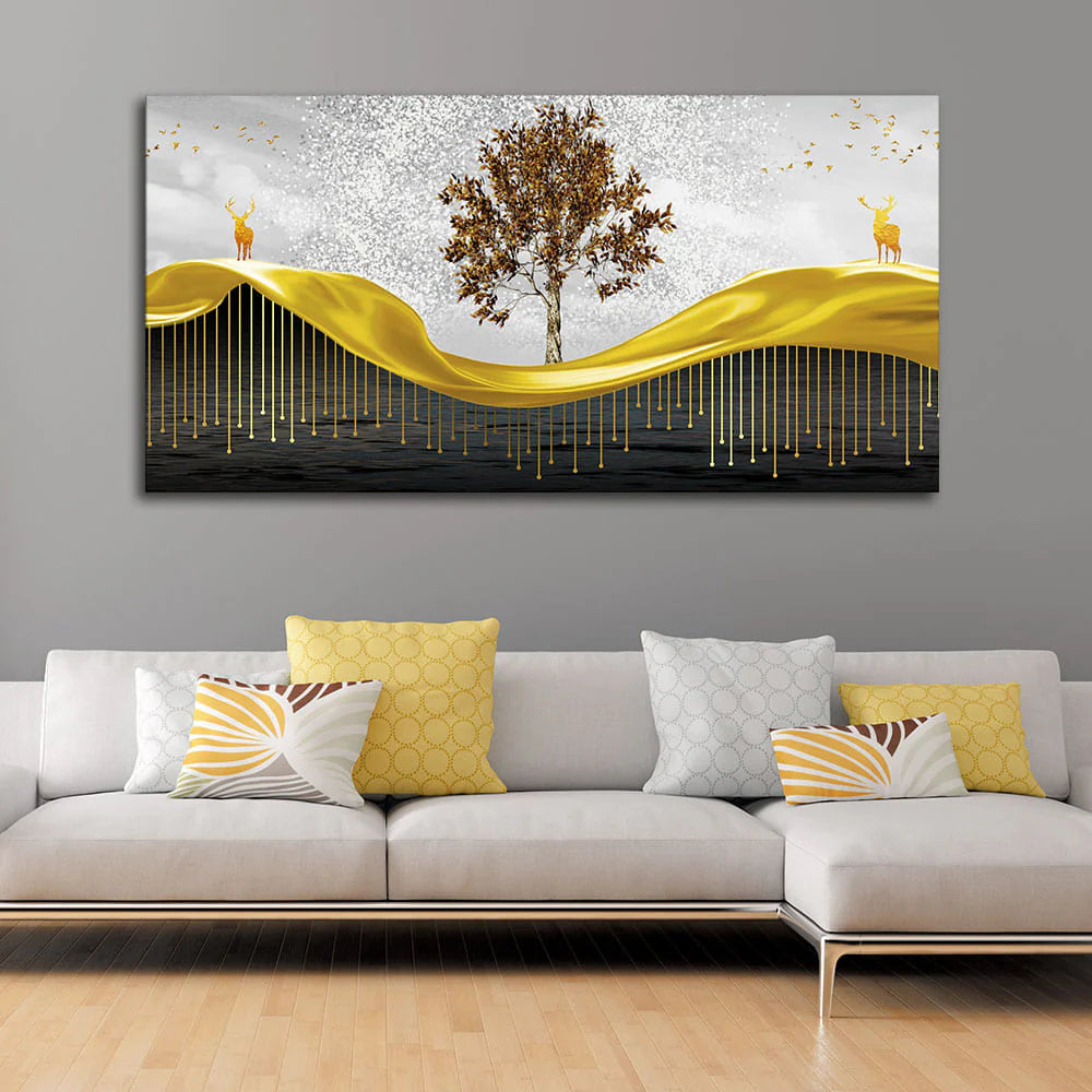 Beautiful Luxury Modern Art of Trees and Deer Premium Wall Painting DECORMANTRA