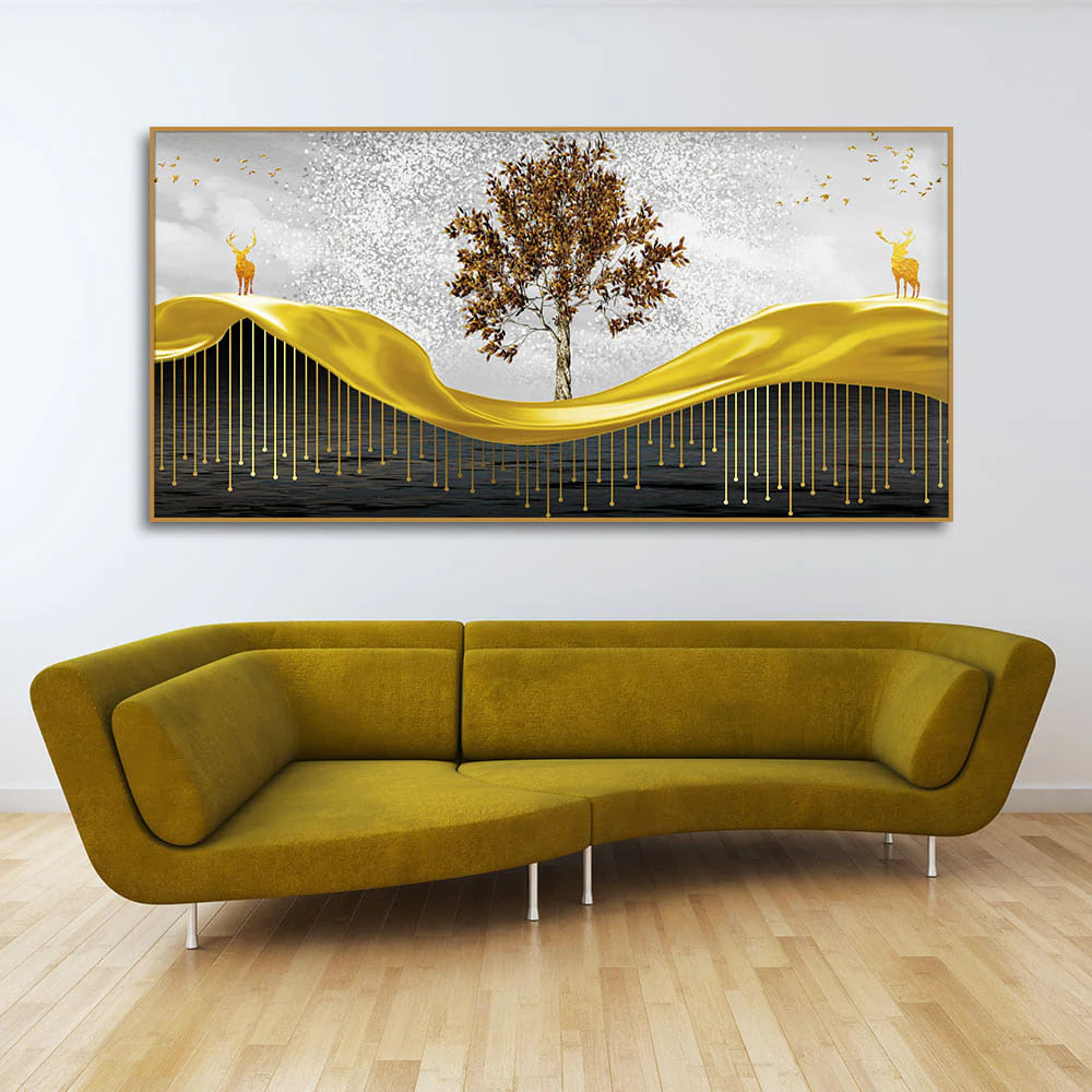 Beautiful Luxury Modern Art of Trees and Deer Premium Wall Painting DECORMANTRA
