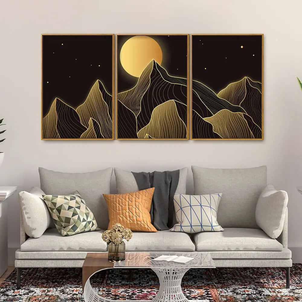 Beautiful Moon and Golden Mountains Floating Canvas Wall Painting Set of Three DECORMANTRA
