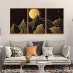 Beautiful Moon and Golden Mountains Floating Canvas Wall Painting Set of Three DECORMANTRA