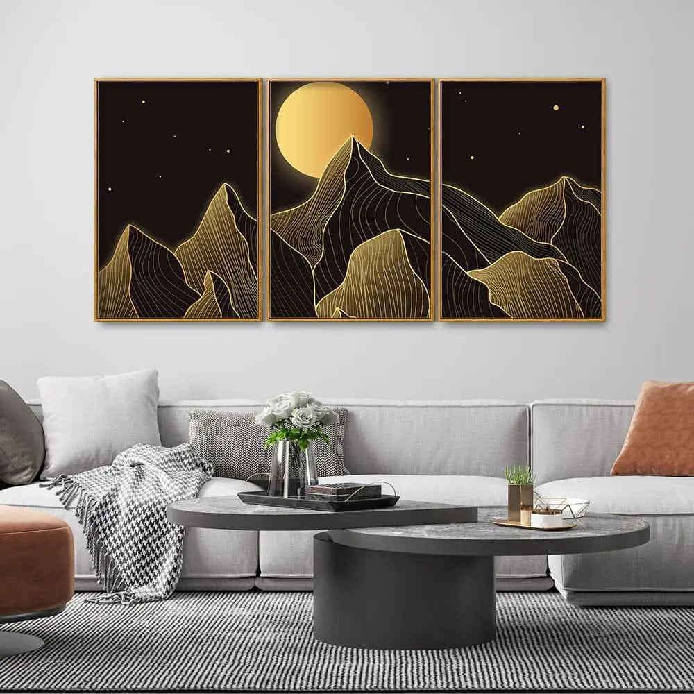 Beautiful Moon and Golden Mountains Floating Canvas Wall Painting Set of Three DECORMANTRA