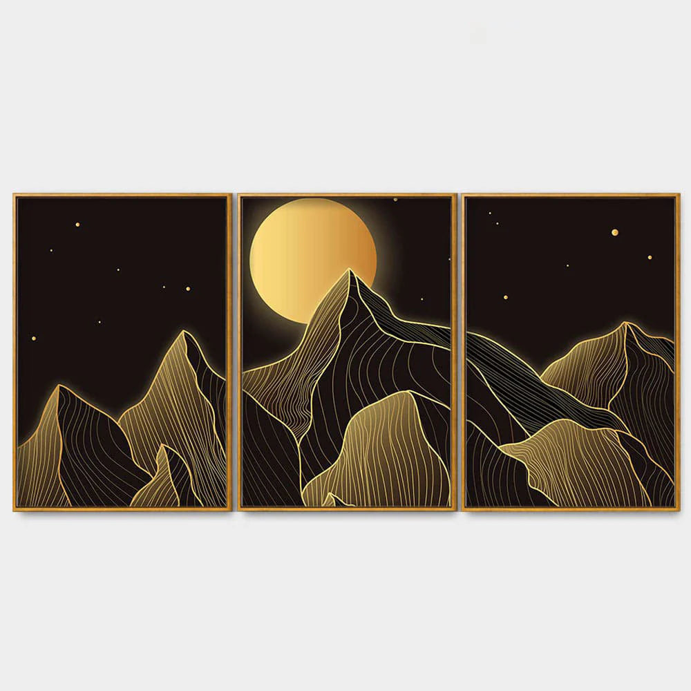 Beautiful Moon and Golden Mountains Floating Canvas Wall Painting Set of Three DECORMANTRA
