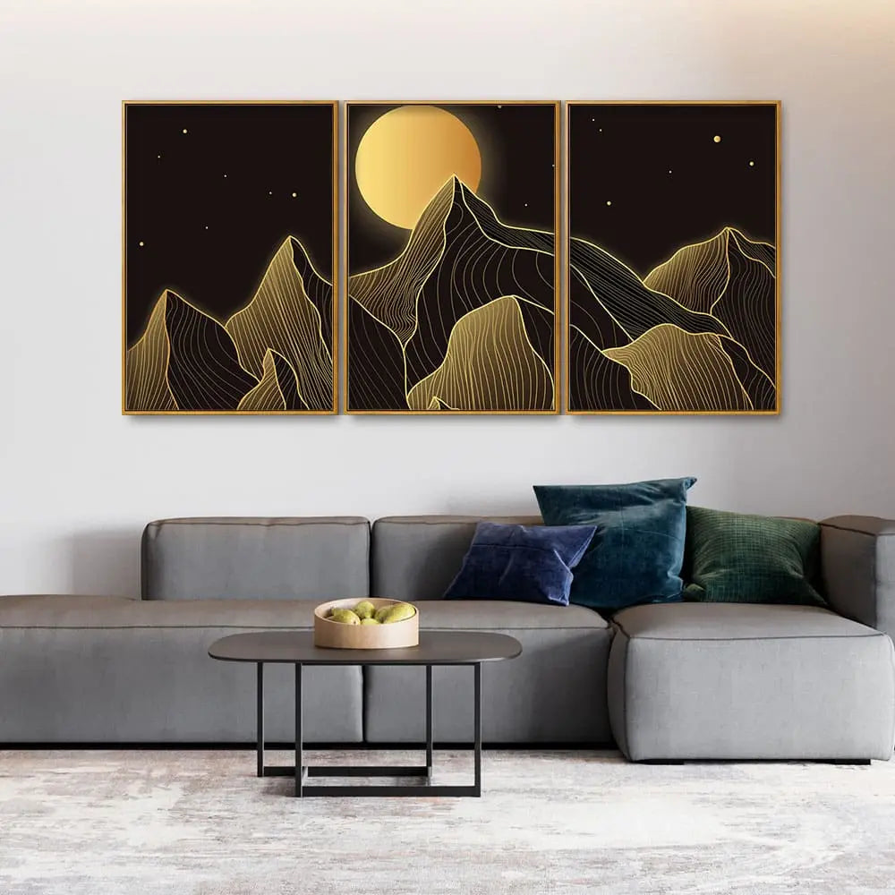 Beautiful Moon and Golden Mountains Floating Canvas Wall Painting Set of Three DECORMANTRA