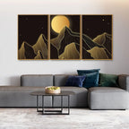 Beautiful Moon and Golden Mountains Floating Canvas Wall Painting Set of Three DECORMANTRA