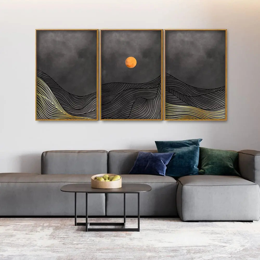 Beautiful Moon and Golden Mountains Line Art Floating Canvas Wall Painting Set of Three DECORMANTRA