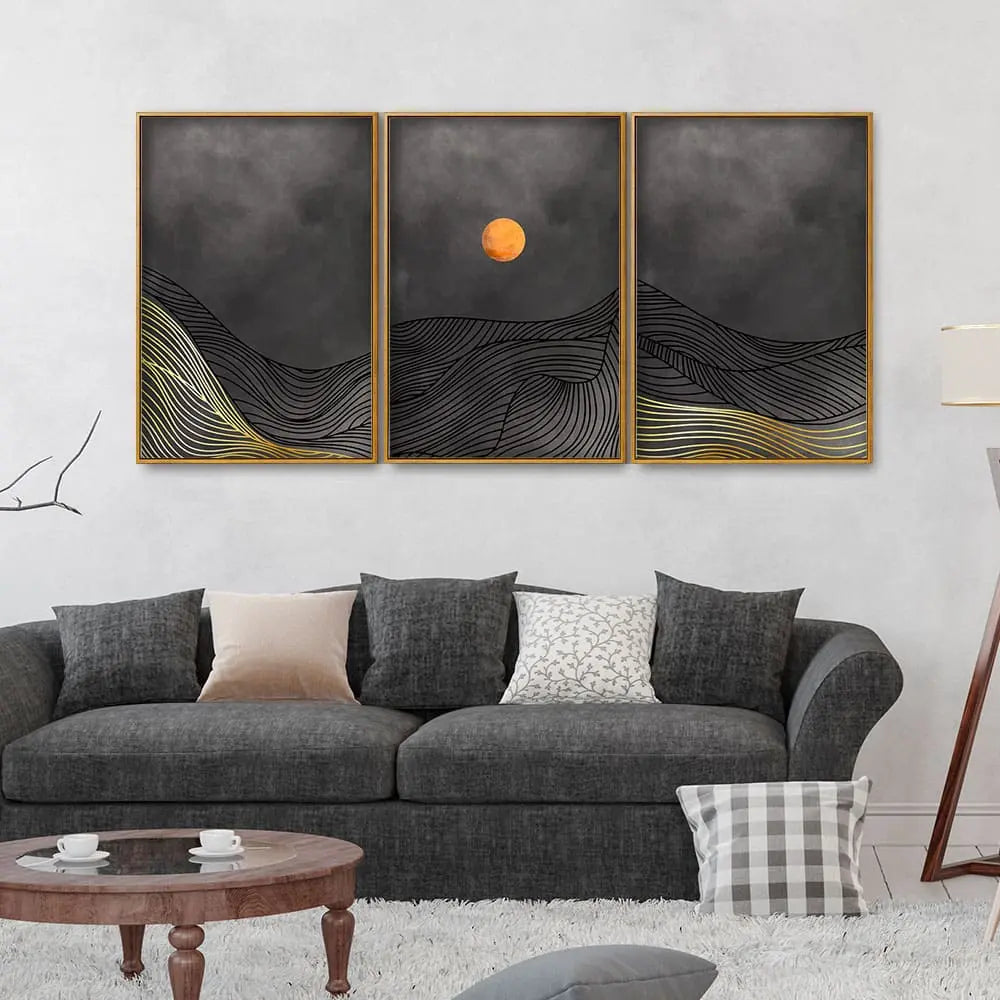 Beautiful Moon and Golden Mountains Line Art Floating Canvas Wall Painting Set of Three DECORMANTRA