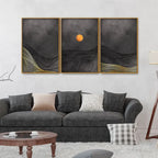 Beautiful Moon and Golden Mountains Line Art Floating Canvas Wall Painting Set of Three DECORMANTRA