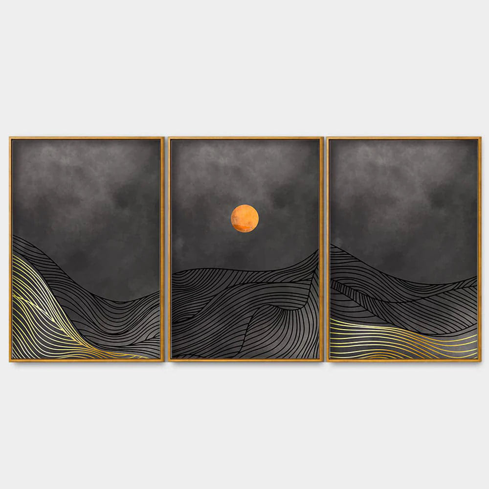Beautiful Moon and Golden Mountains Line Art Floating Canvas Wall Painting Set of Three DECORMANTRA