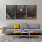 Beautiful Moon and Golden Mountains Line Art Floating Canvas Wall Painting Set of Three DECORMANTRA